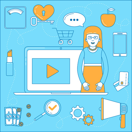 Video blogger illustration. Line design man in front of his laptop, promotion and advertisementのイラスト素材