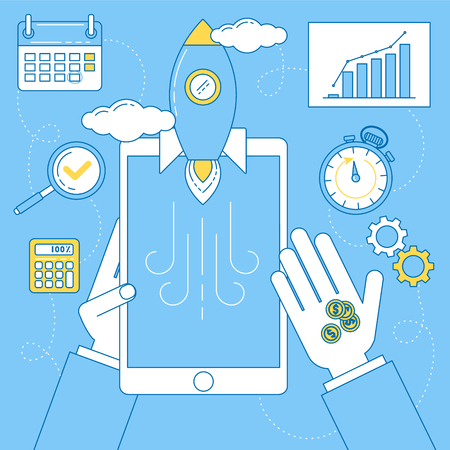 Startup  launch from a tablet. Man holds money and tablet with working project.のイラスト素材