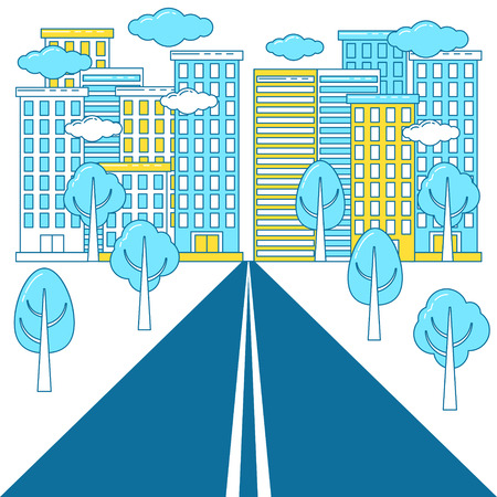 Highway road to a big city. Urban landscape with skyscrapers, clouds and treesのイラスト素材
