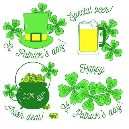 Clover, hat, beer and cauldron with gold, St. Patrick's day set of icons. Happy St. Patrick's day and discount textのイラスト素材