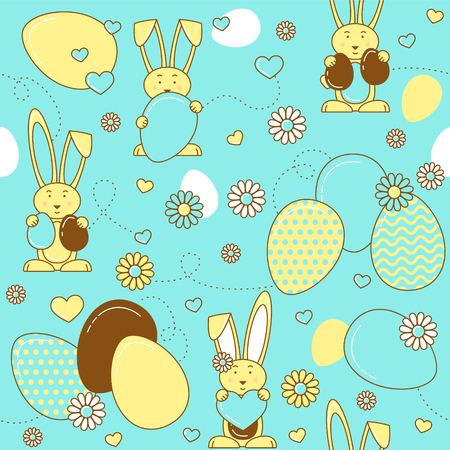 Easter eggs and rabbits,  Easter vector seamless pattern. Colorful line design with flowers and hearts.のイラスト素材