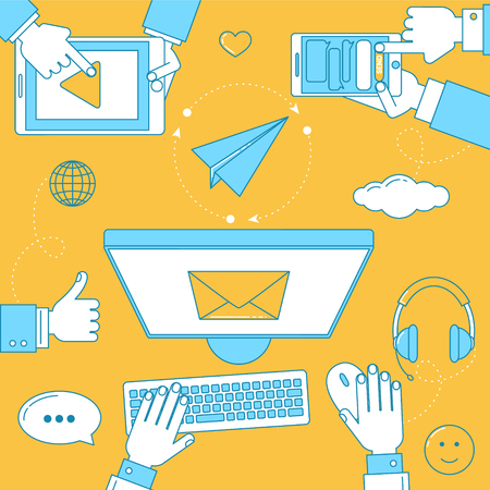 Online communication illustration, banner line design with sending and receiving messagesのイラスト素材