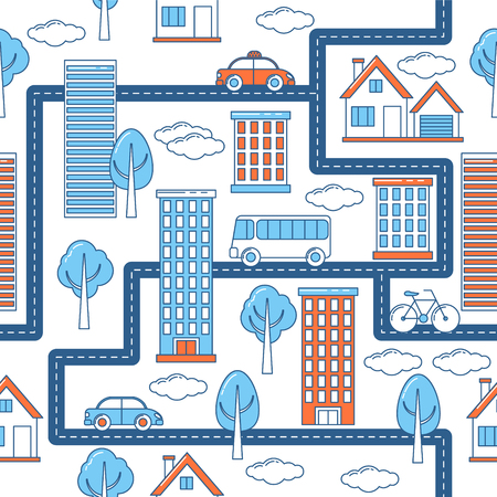 Buildings, vehicles, roads and trees pattern. Line design city pattern with skyscrapers, cars and bicycleのイラスト素材