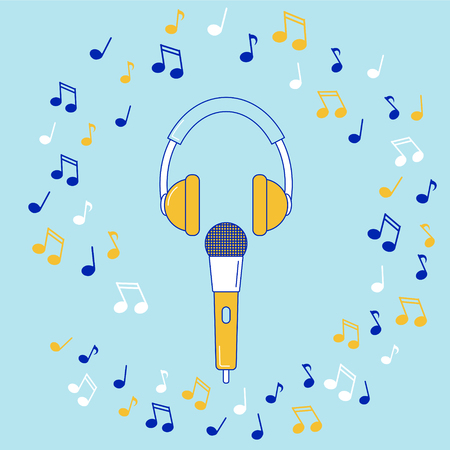 Microphone, earphones and music notes, line design elements.のイラスト素材