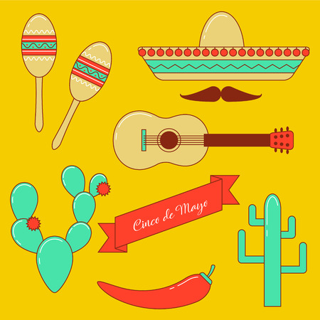 Cinco de Mayo vector set, line art design with sombrero, guitar, maracas, cactus and mustacheのイラスト素材