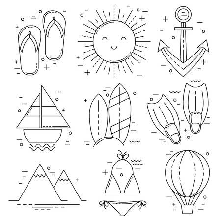 Vacation thin line icons, summer set with sea, sun, mounties and hot air balloonのイラスト素材
