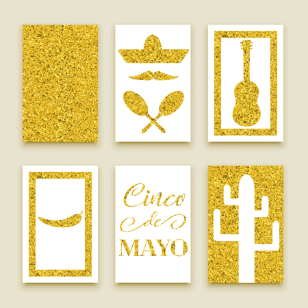 Cinco de Mayo banners, golden set with guitar, pepper, cactus and hatのイラスト素材