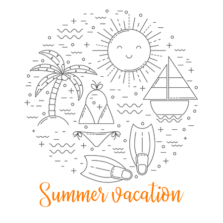 Summer vacation illustration, thin line icons set in shape of circleのイラスト素材