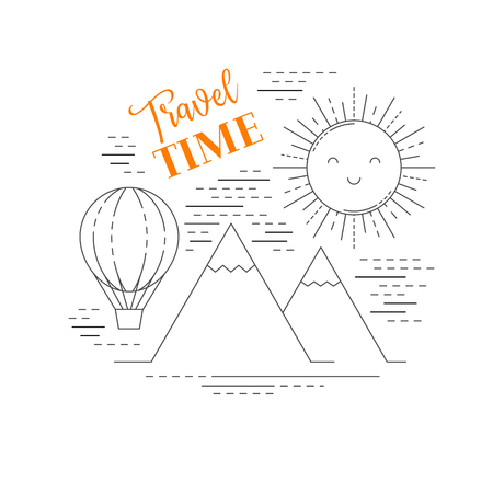 Travel time, thin line vacation poster with hot air balloon, smiling sun and mountainsのイラスト素材