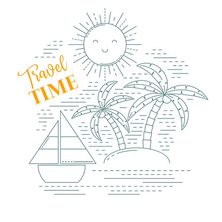 Sea travel poster in thin line style, travel time illustration, smiling sun, sea, palm trees and shipのイラスト素材
