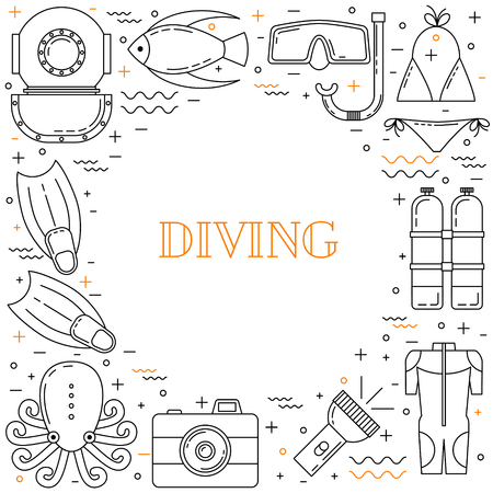 Scuba diving line art background with mask, fins, wetsuit and fishのイラスト素材