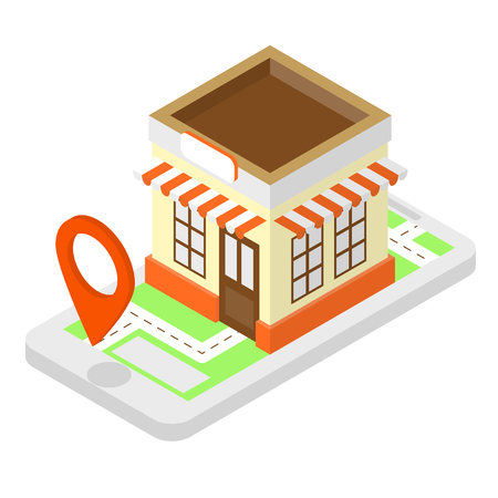 Shop isometric illustration with cell phone, shop and location pin on the screenのイラスト素材