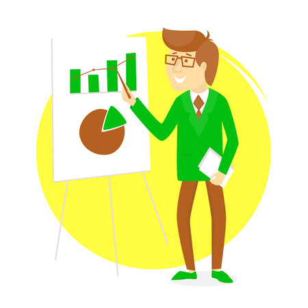 Presentation with  businessman and board with graphs. Cheerful entrepreneur designのイラスト素材