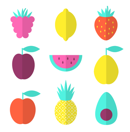 Fruits flat set with raspberry, lemon and watermelon, healthy collectionのイラスト素材