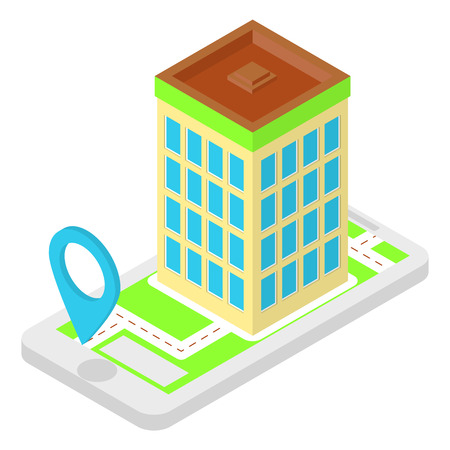 Isometric location application shows location pin and building, point of destinationのイラスト素材