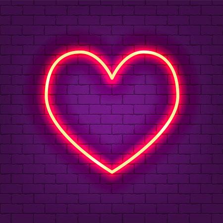 Glowing neon heart vector illustration on violet brick wallのイラスト素材