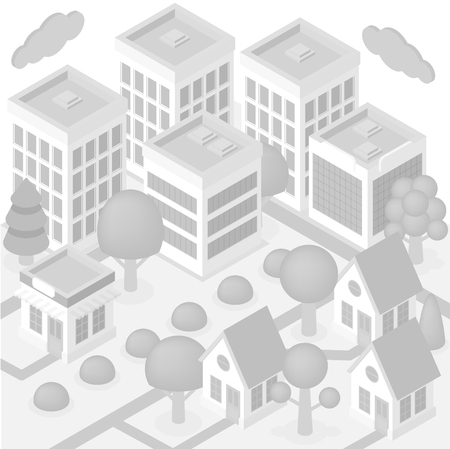 Isometric white city  with skyscrapers, roads, trees and housesのイラスト素材