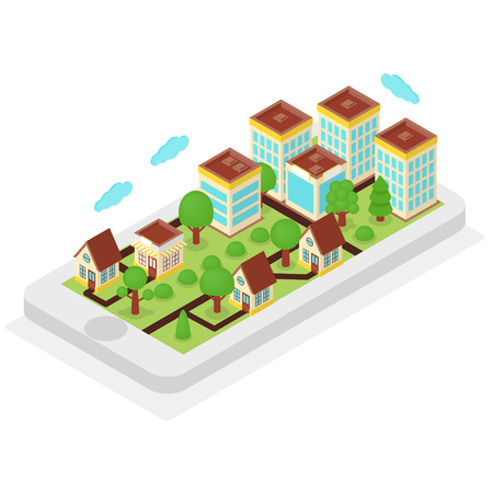 Isometric map with city on it's screen, buildings, trees and roadsのイラスト素材