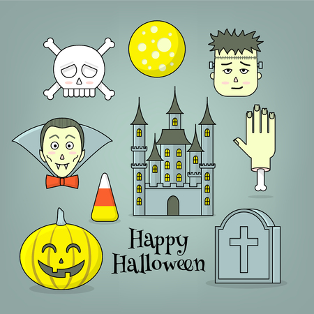 Halloween design elements, set of characters, haunted house and candycornのイラスト素材