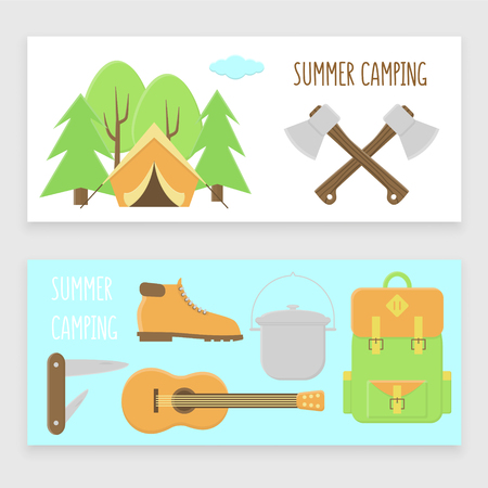 Camping banner set, colorful design with backpack and tentのイラスト素材