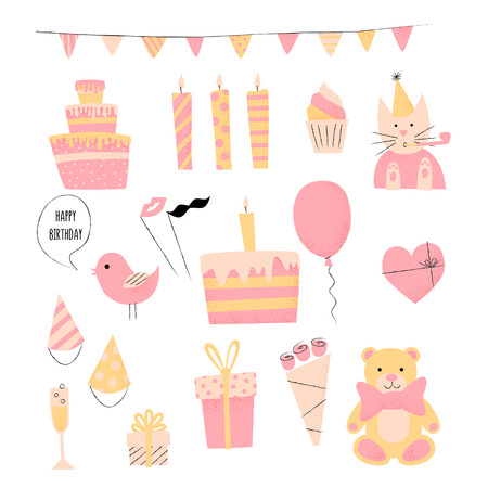 Birthday  retro icon set with present, cake and cat, happy celebrationのイラスト素材