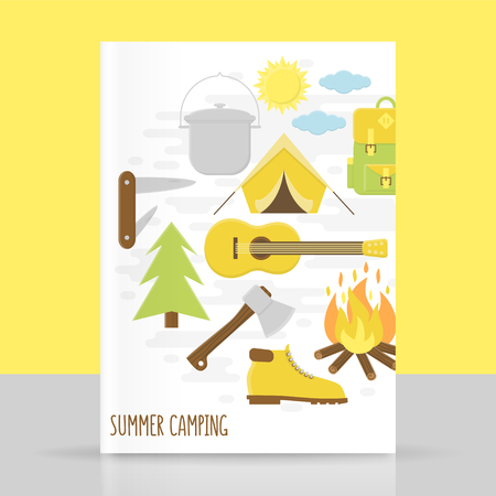 Camping poster, illustration with campfire, tent and backpackのイラスト素材