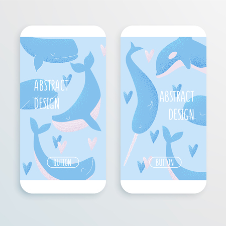 Vector cell phone mockup with blue whale, sperm whale, narwhal, killer whale and humpback whaleのイラスト素材