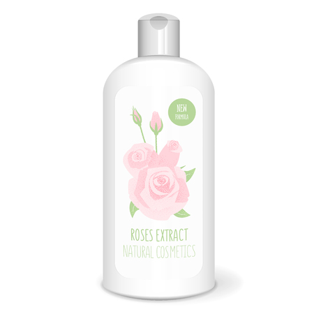 Shampoo bottle with roses, white mockup, 3D design conceptのイラスト素材