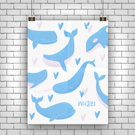 Vector card with blue whale, sperm whale, narwhal, killer whale and humpback whaleのイラスト素材