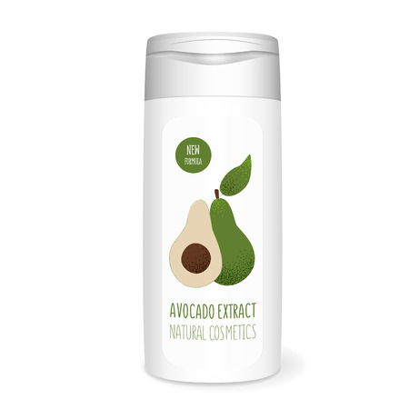 Shampoo bottle with avocado, white mockup, 3D design conceptのイラスト素材