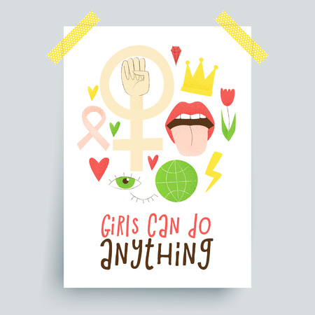 Girl power, vector feminist design, hand drawn conceptのイラスト素材