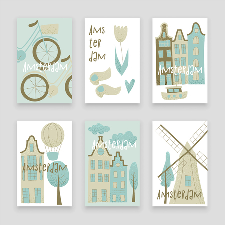 Amsterdam vector design with houses, windmill, tulip and hot air balloonのイラスト素材