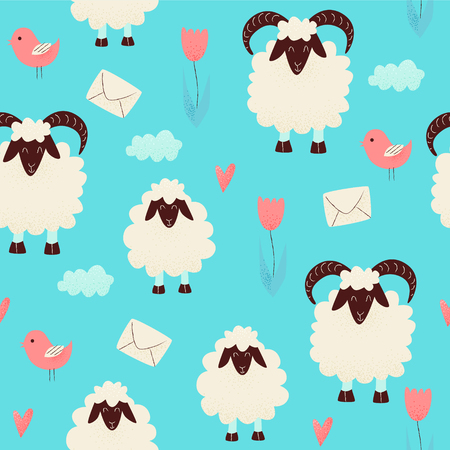 Cute sheep with heart ans bird, vector design.のイラスト素材