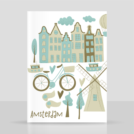 Amsterdam vector design with houses, windmill, tulip and hot air balloon.のイラスト素材