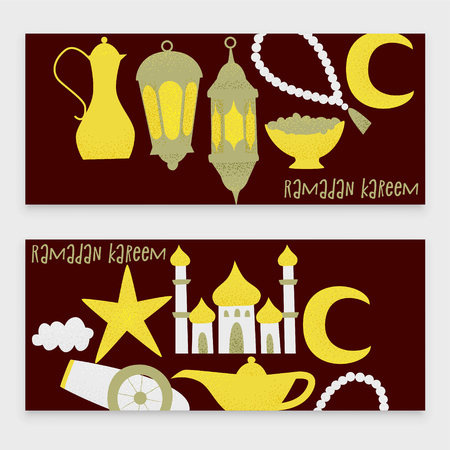 Ramadan kareem, vector muslim design, golden lanterns and mosque.のイラスト素材