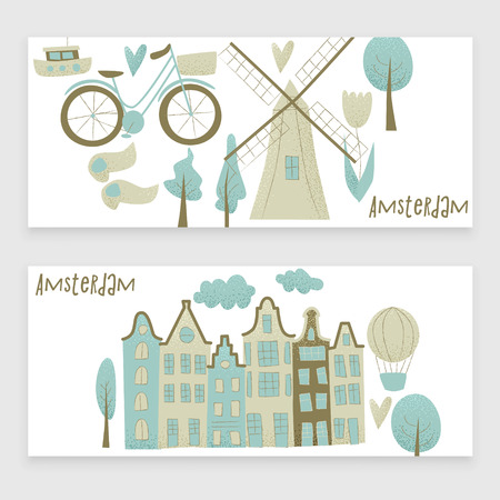 Amsterdam vector design with houses, windmill, tulip and hot air balloon.のイラスト素材