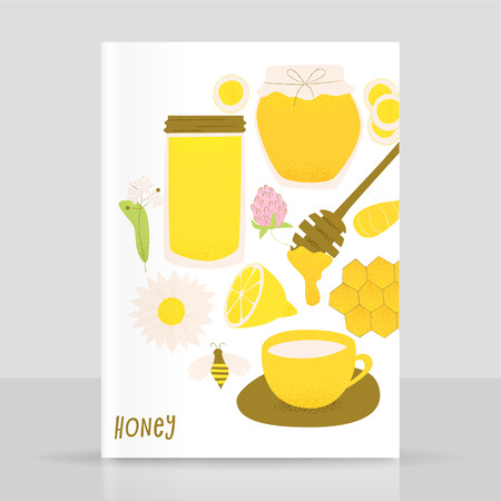 Honey and ginger design concept, vector honey comb and bee, sliced ginger root.のイラスト素材