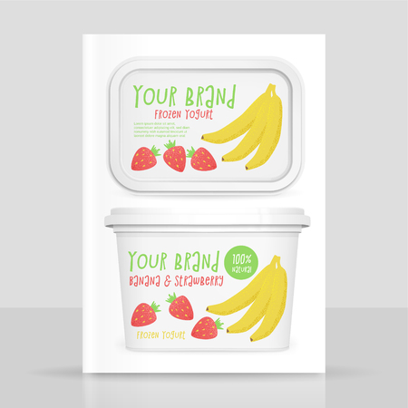 Yogurt box mockup, vector 3d design with banana and strawberry frozen yogurtのイラスト素材