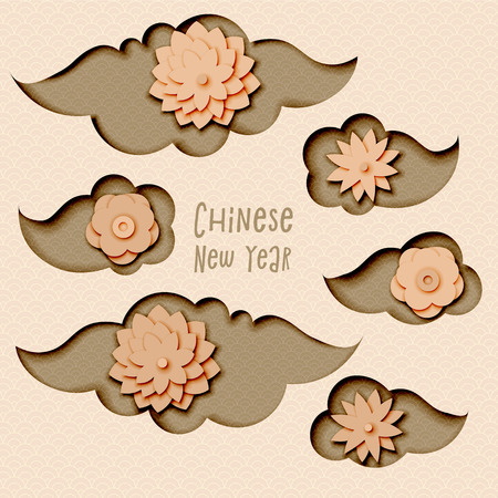 Chinese New Year 2019, vector design with paper cut clouds and flowersのイラスト素材