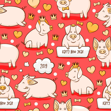Pig, Chinese New Year symbol of 2019, vector seamless patternのイラスト素材