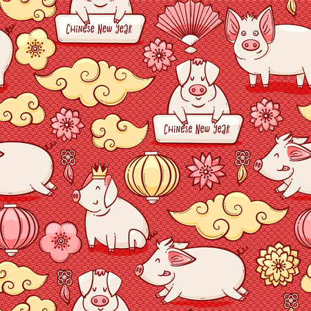 Pig, Chinese New Year symbol of 2019, vector seamless patternのイラスト素材