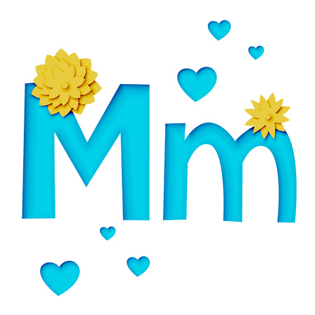 Paper cut letter M with flowers, realistic 3d vector designのイラスト素材