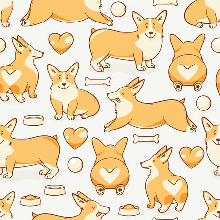 Welsh corgi dog, vector seamless pattern with a heartのイラスト素材