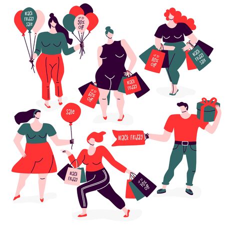 Black Friday poster with people. Women and men carry shopping bags, balloons, tags and presents. Sales and discounts illustration. Flat design concept.のイラスト素材