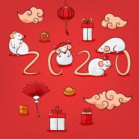 Rat 2020 illustration, Chinese New Year vector design with miceのイラスト素材