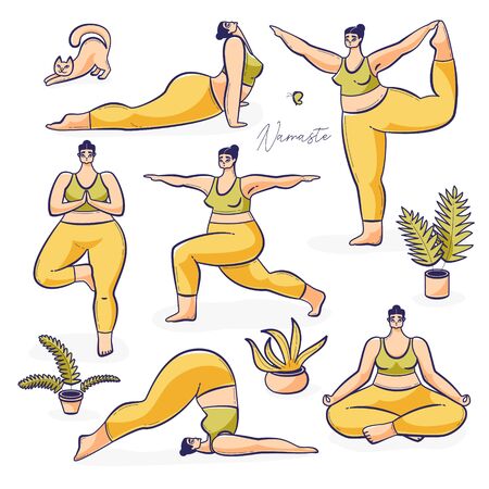 International yoga day poster, young girl practicing yoga illustration with cat and potsのイラスト素材