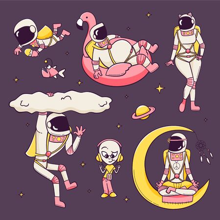 Astronaut set. Alien, hippie meditating on Moon, attractive woman, lazy astronaut floating in flamingo shaped inflated ring.のイラスト素材