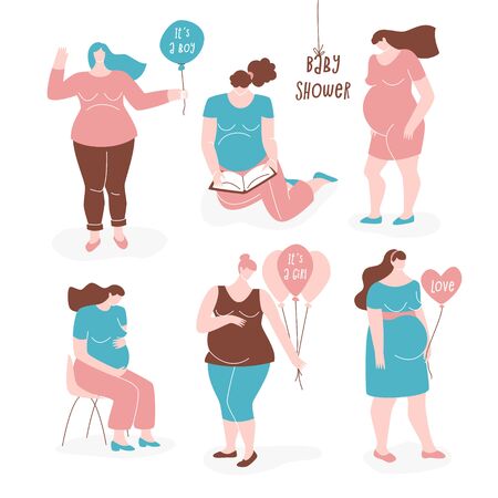 Pregnant women, vector flat set. It's a boy and it's a girl signs on balloons, cute concept.のイラスト素材
