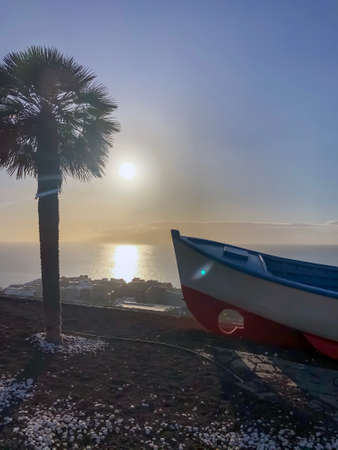 Boat and palm tree on sunset. Tenerife. Los Gigantesの写真素材