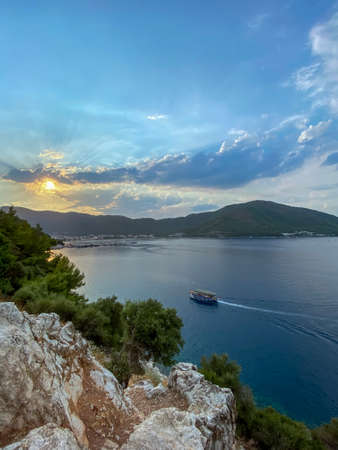 Aerial view of Marmaris at sunset, Turkey. View of the ships near the embankmentの写真素材